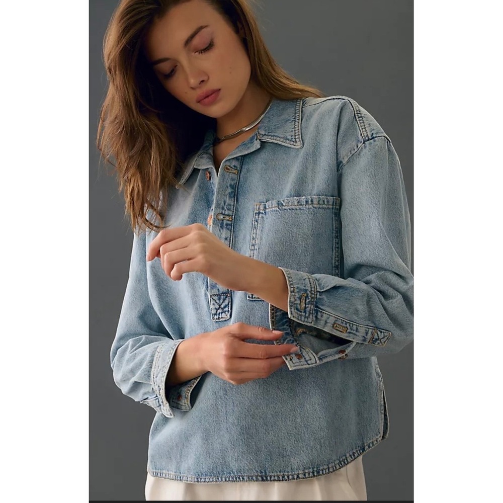 Anthropologie PILCRO Becca Oversized Denim Popover Shirt L Petite Light Wash NEW